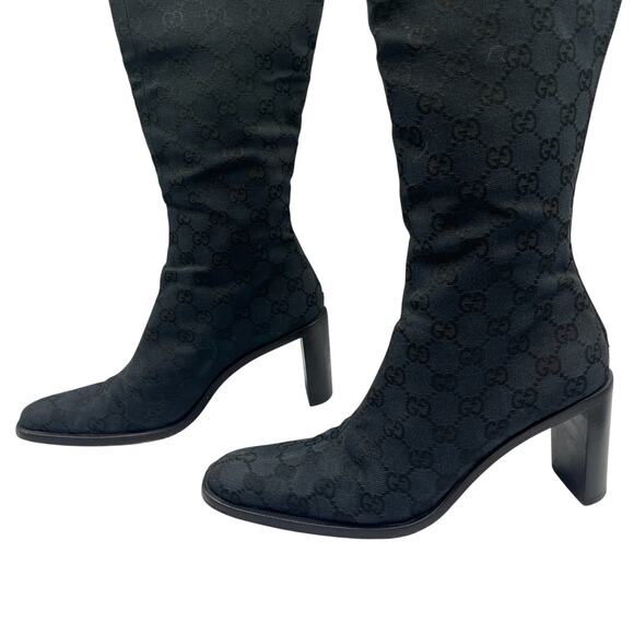 Gucci Vintage Canvas Monogram Block Heels Knee High Boots Black 38.5C US 8.5C - Picture 5 of 14